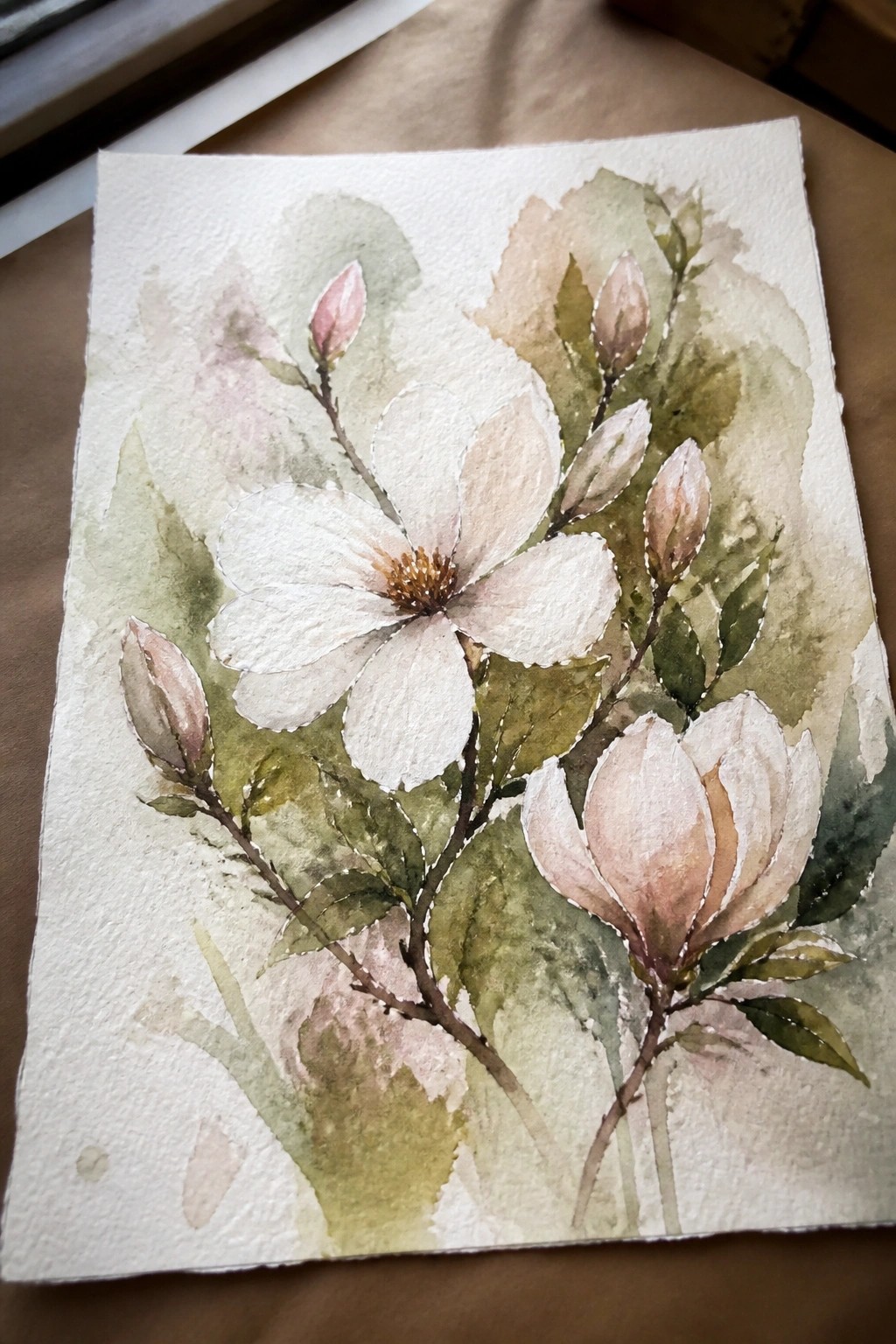 Watercolor of white magnolia blooms with pink buds and green leaves on branches
