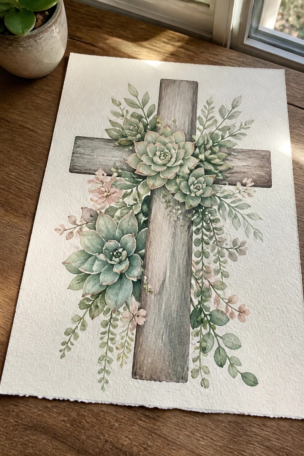 Watercolor painting of wooden cross with succulents, greenery, and pink flowers on paper.