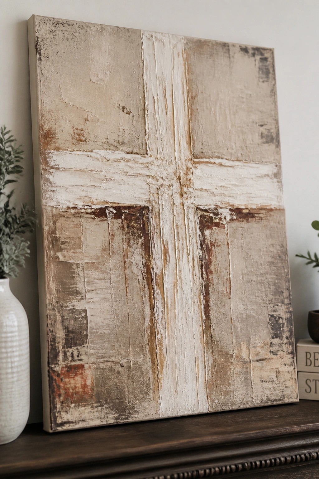 Abstract beige cross painting on dark wood with white vase and stacked books