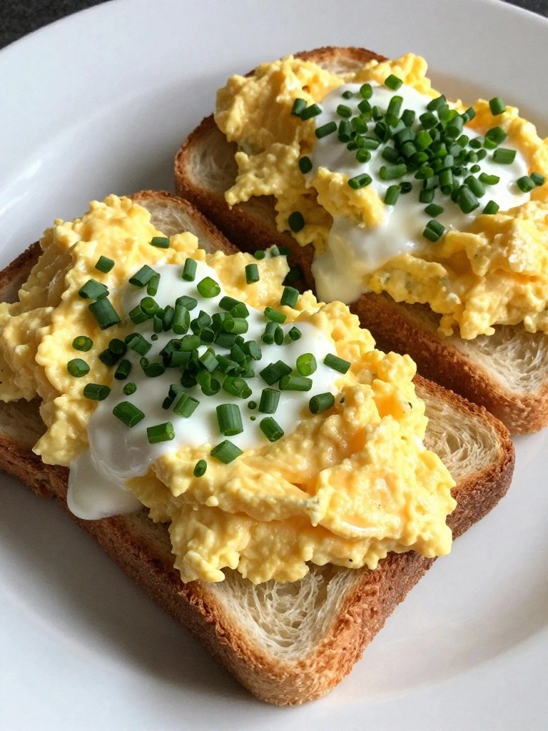 Creamy Greek Yogurt Scrambled Eggs with Chives on Sourdough Toast