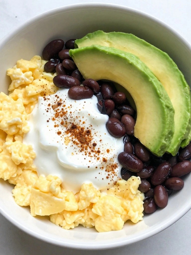 Greek Yogurt Egg Breakfast Burrito Bowl with Black Beans and Avocado