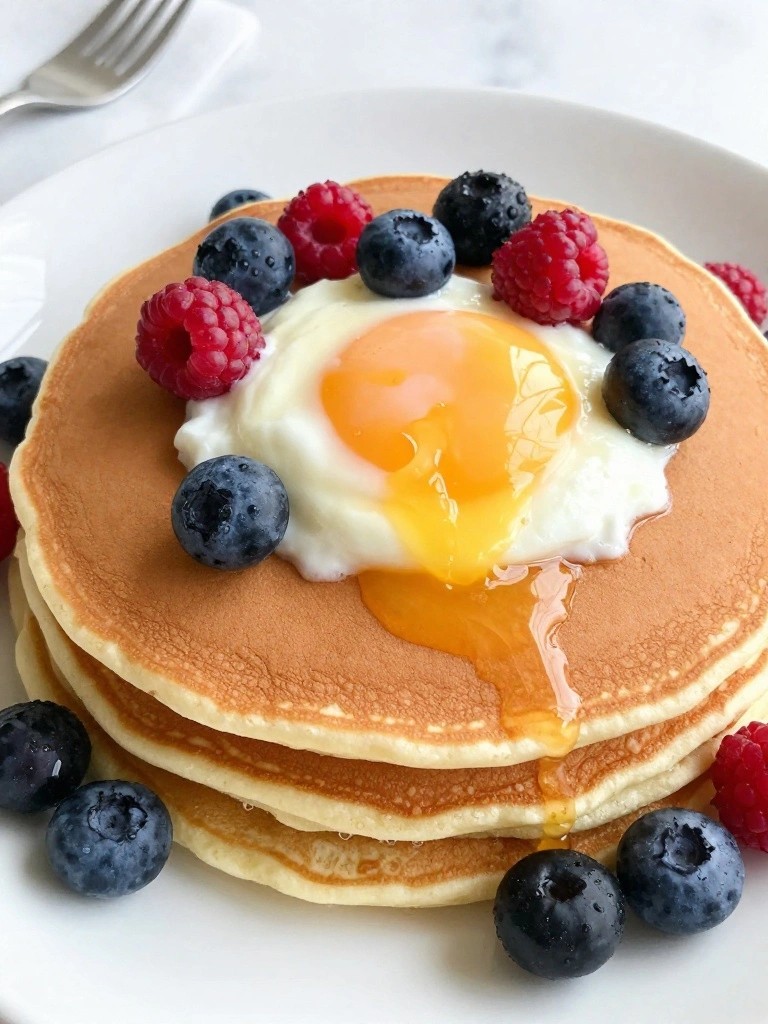 Greek Yogurt Pancakes Topped with Poached Eggs and Fresh Berries