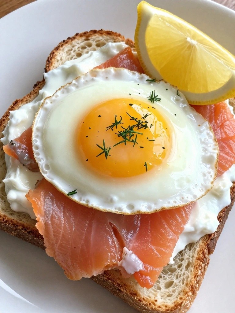 Open-Faced Egg and Greek Yogurt Breakfast Sandwich with Smoked Salmon