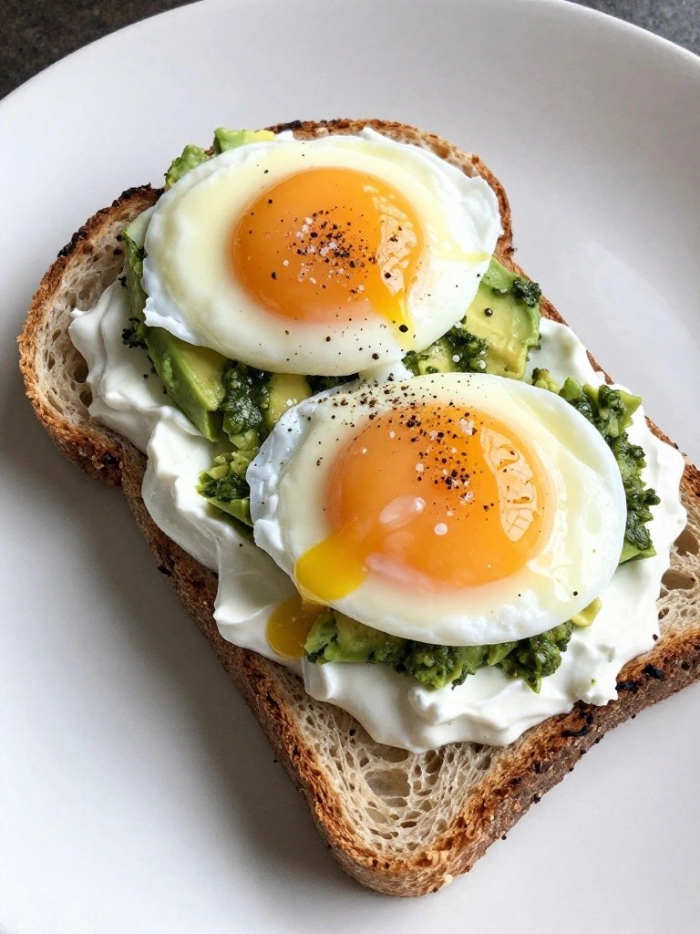 Poached Eggs over Greek Yogurt and Pesto Avocado Toast