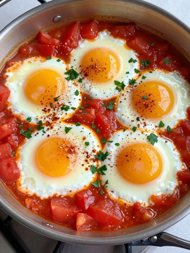 Shakshuka-Style Eggs Simmered in Spiced Greek Yogurt Tomato Sauce