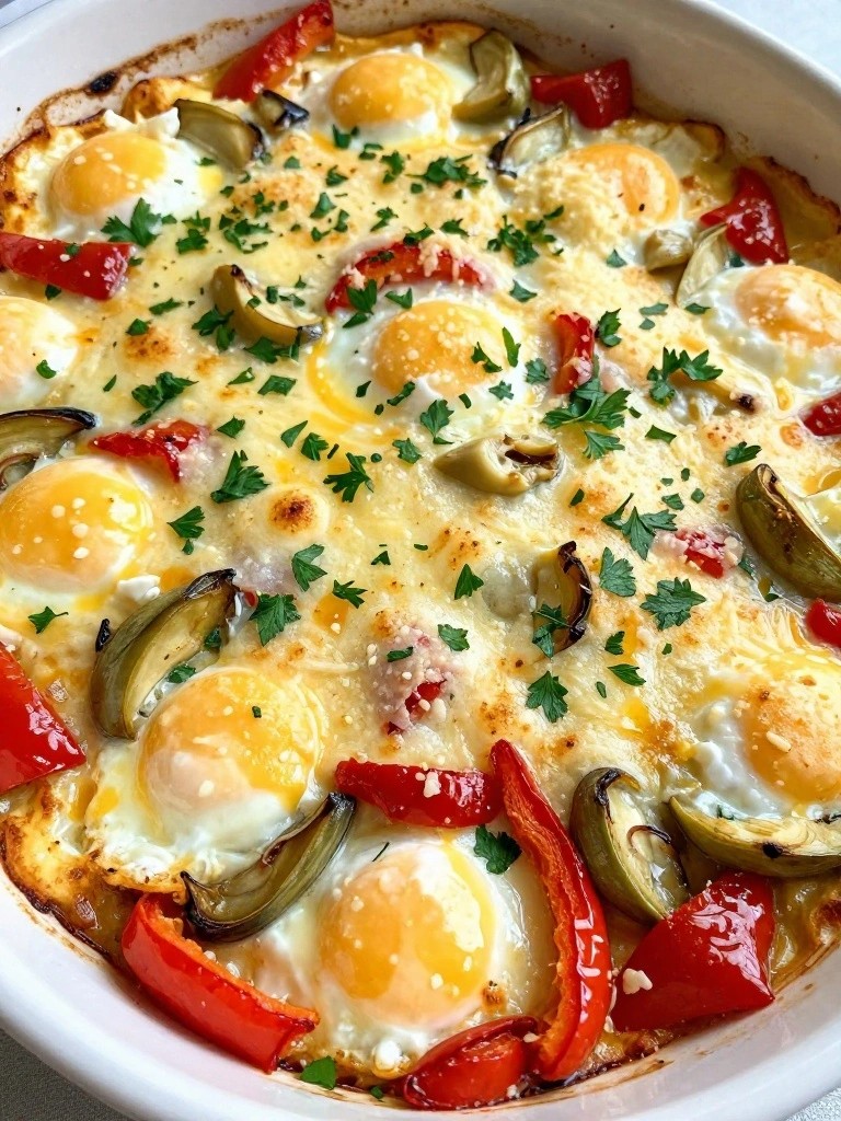 Roasted Red Pepper Artichoke and Parmesan Sheet-Pan Egg Bake