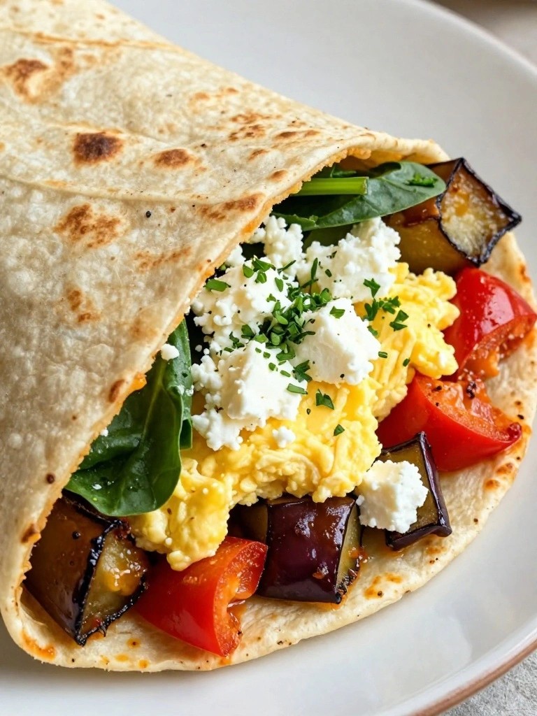 Harissa Roasted Eggplant and Pepper Breakfast Wrap