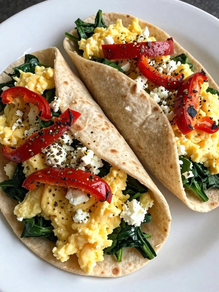 Mediterranean Spinach Feta Egg Wrap with Roasted Red Peppers