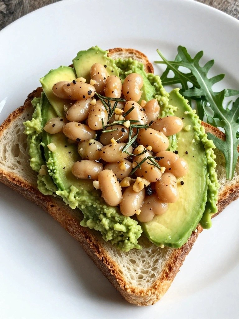 White Bean Rosemary and Arugula Loaded Avocado Toast
