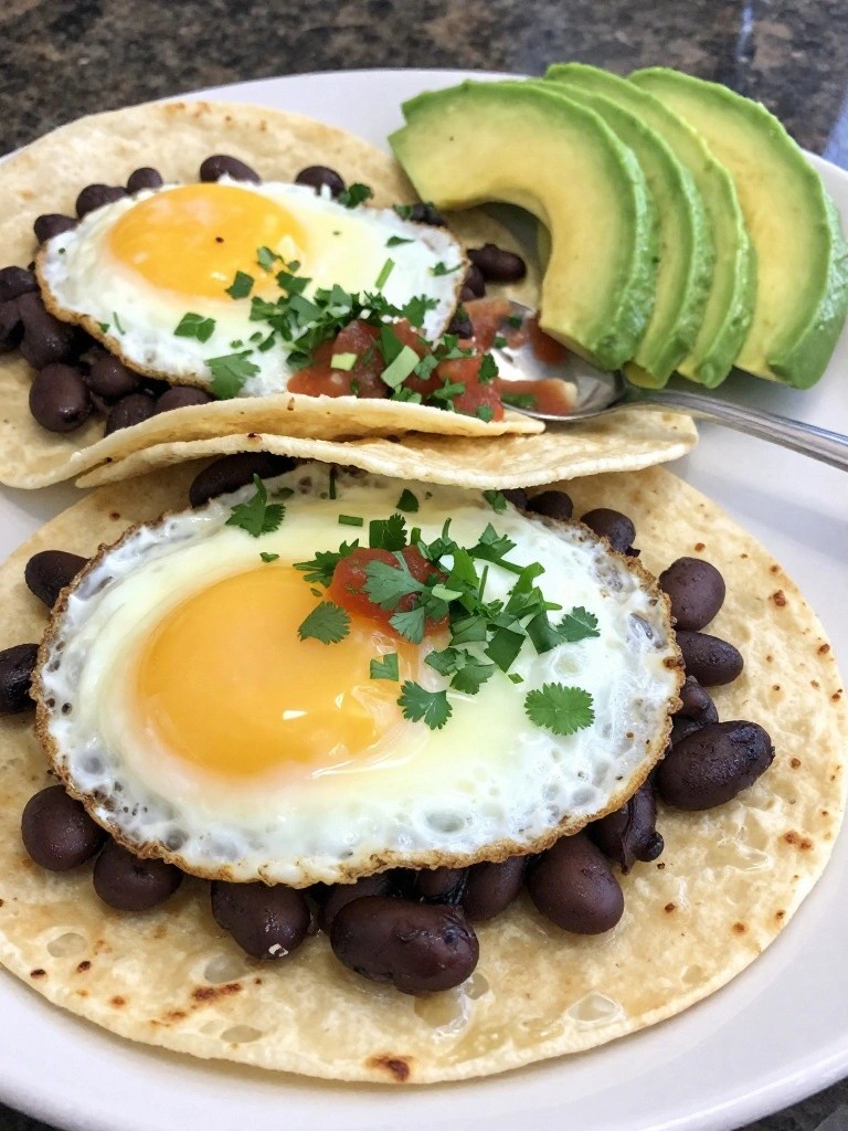 Corn Tortilla Huevos Rancheros with Black Beans