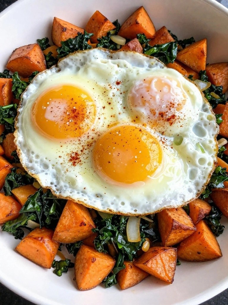 Sweet Potato Hash Skillet with Fried Eggs and Kale