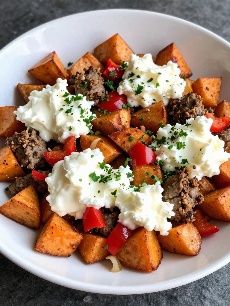 Cottage Cheese Sweet Potato Hash with Turkey Sausage
