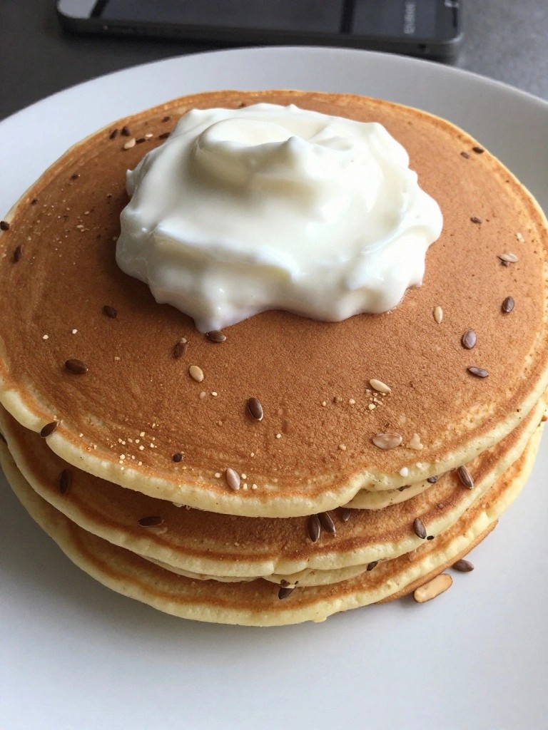 Flaxseed Almond Flour Pancakes Topped with Greek Yogurt