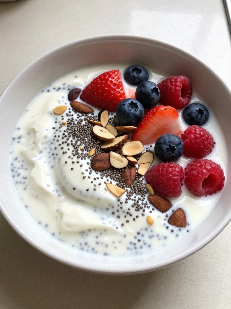 Greek Yogurt Chia Pudding Bowl with Almonds and Berries