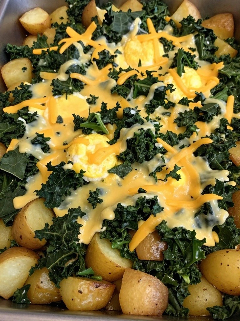 Kale and Potato Breakfast Casserole with Baked Eggs
