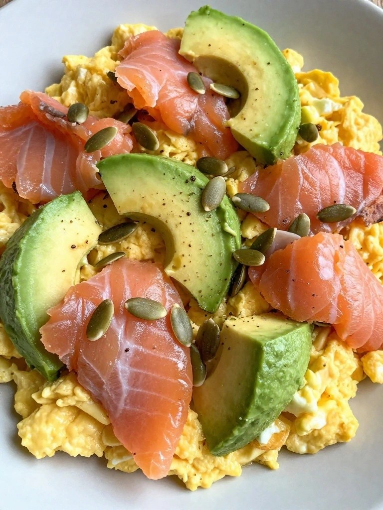Smoked Salmon Avocado Scramble with Pumpkin Seeds