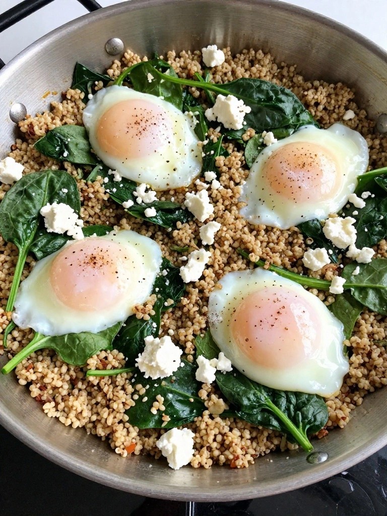 Spinach and Feta Quinoa Breakfast Skillet with Poached Eggs