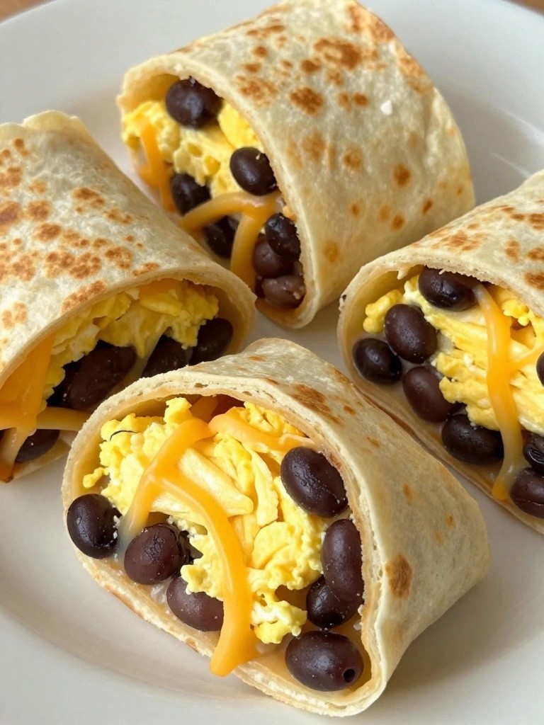 Cheesy Scrambled Egg and Bean Breakfast Roll-Ups
