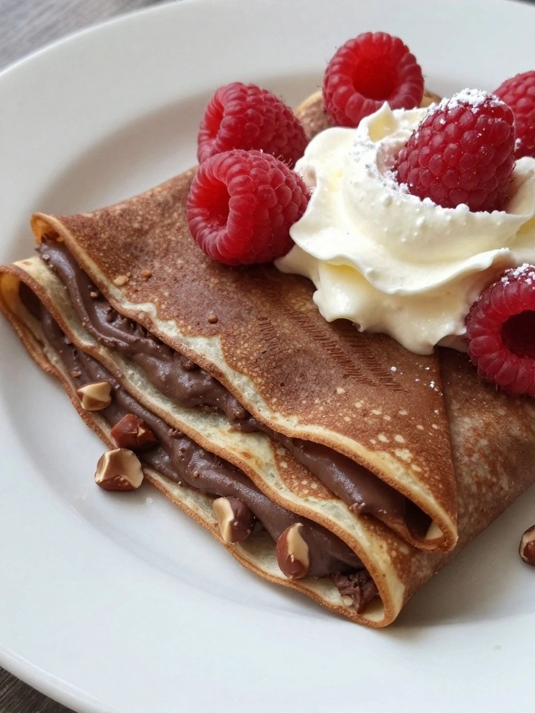 Chocolate Hazelnut Crepes with Fresh Raspberries and Whipped Cream