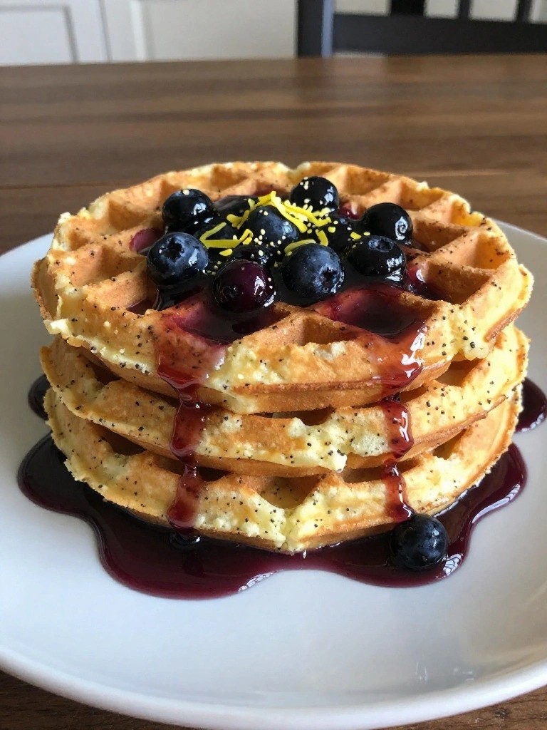 Lemon Poppy Seed Waffles with Blueberry Maple Syrup