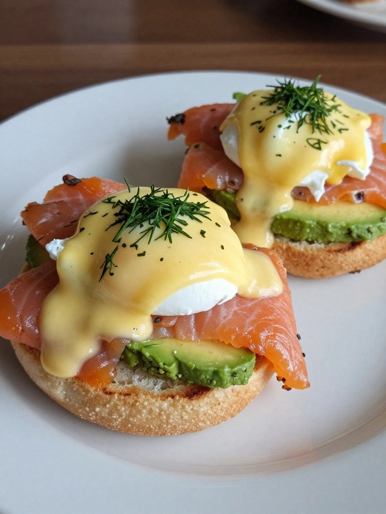 Smoked Salmon and Avocado Eggs Benedict on English Muffins