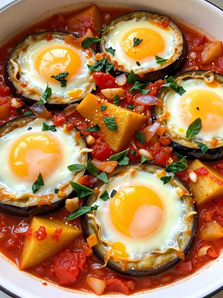 Baked Eggs in Ratatouille with Eggplant, Squash, and Basil
