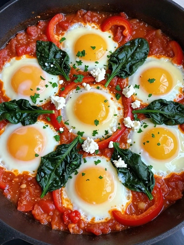 Mediterranean Shakshuka with Bell Peppers, Spinach, and Poached Eggs