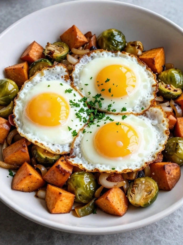 Sweet Potato and Brussels Sprouts Hash with Sunny-Side-Up Eggs