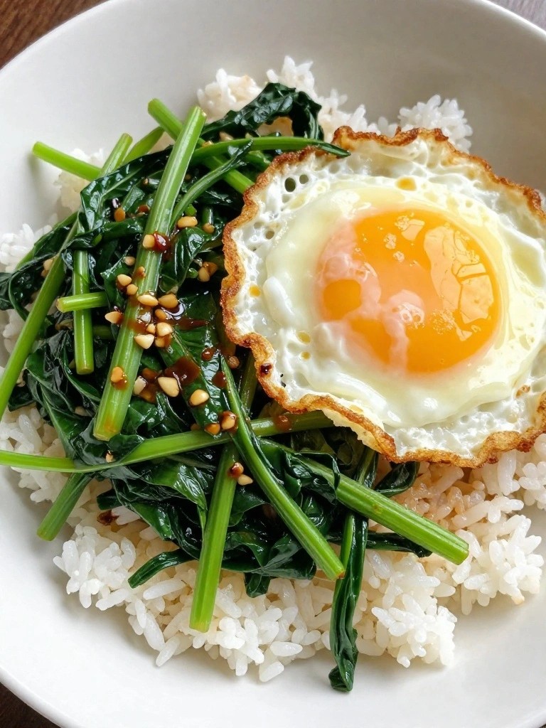 Thai Basil Stir-Fried Greens with Fried Eggs and Steamed Rice