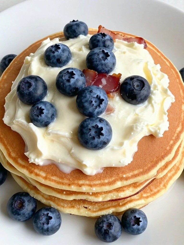 Cottage Cheese Pancakes Topped with Blueberries and Lean Canadian Bacon