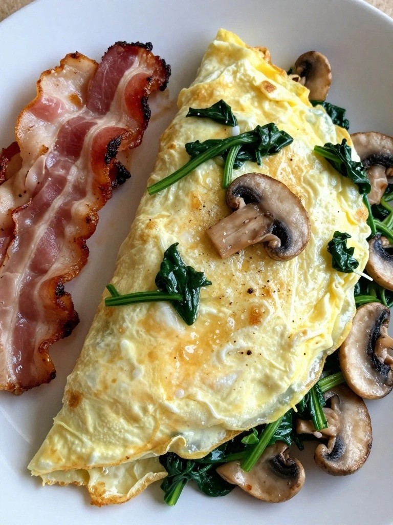 Egg White Spinach Mushroom Omelet with Turkey Bacon