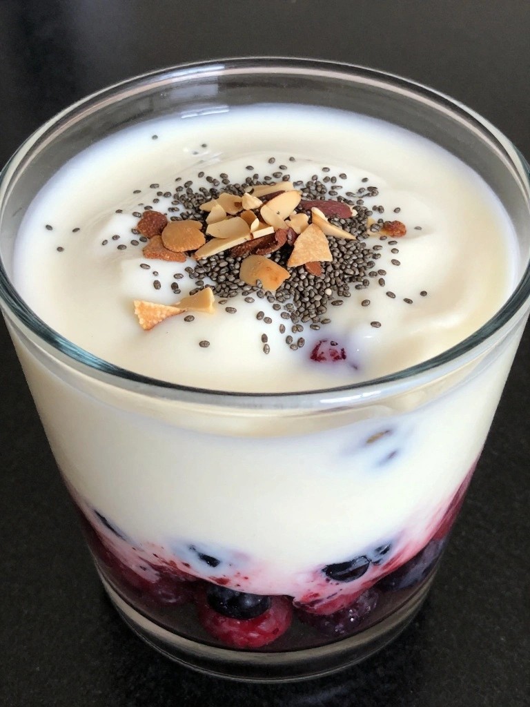 Greek Yogurt Berry Parfait with Chia Seeds and Sliced Almonds