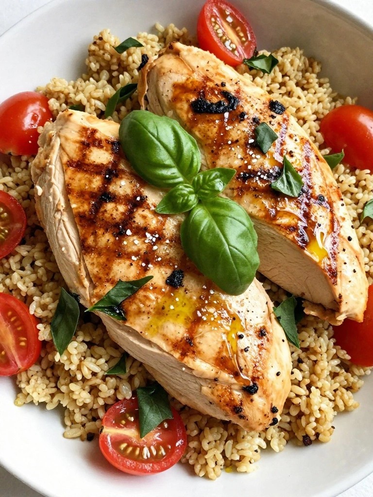 Grilled Chicken Quinoa Breakfast Bowl with Cherry Tomatoes and Basil