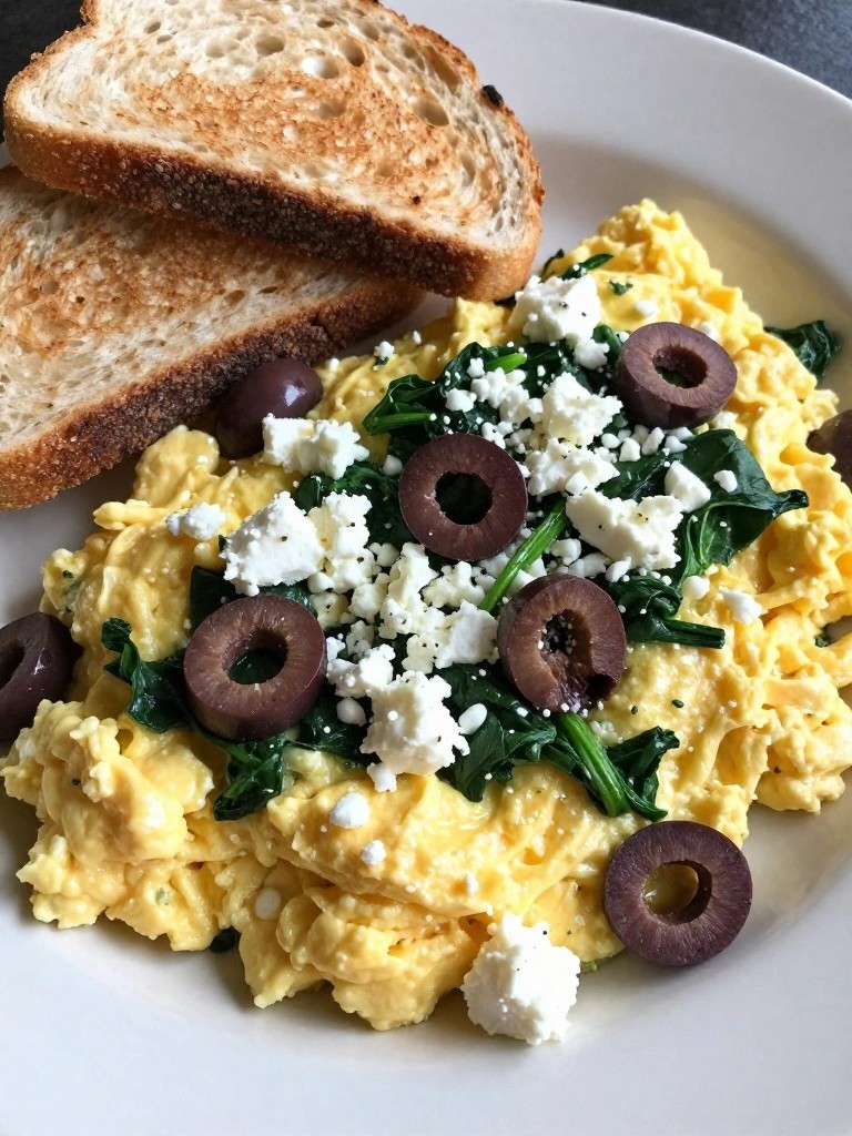 Mediterranean Egg Scramble with Feta, Olives and Whole Wheat Toast