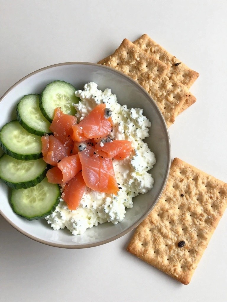 Smoked Salmon Cottage Cheese Bowl with Cucumber and Whole Grain Crackers
