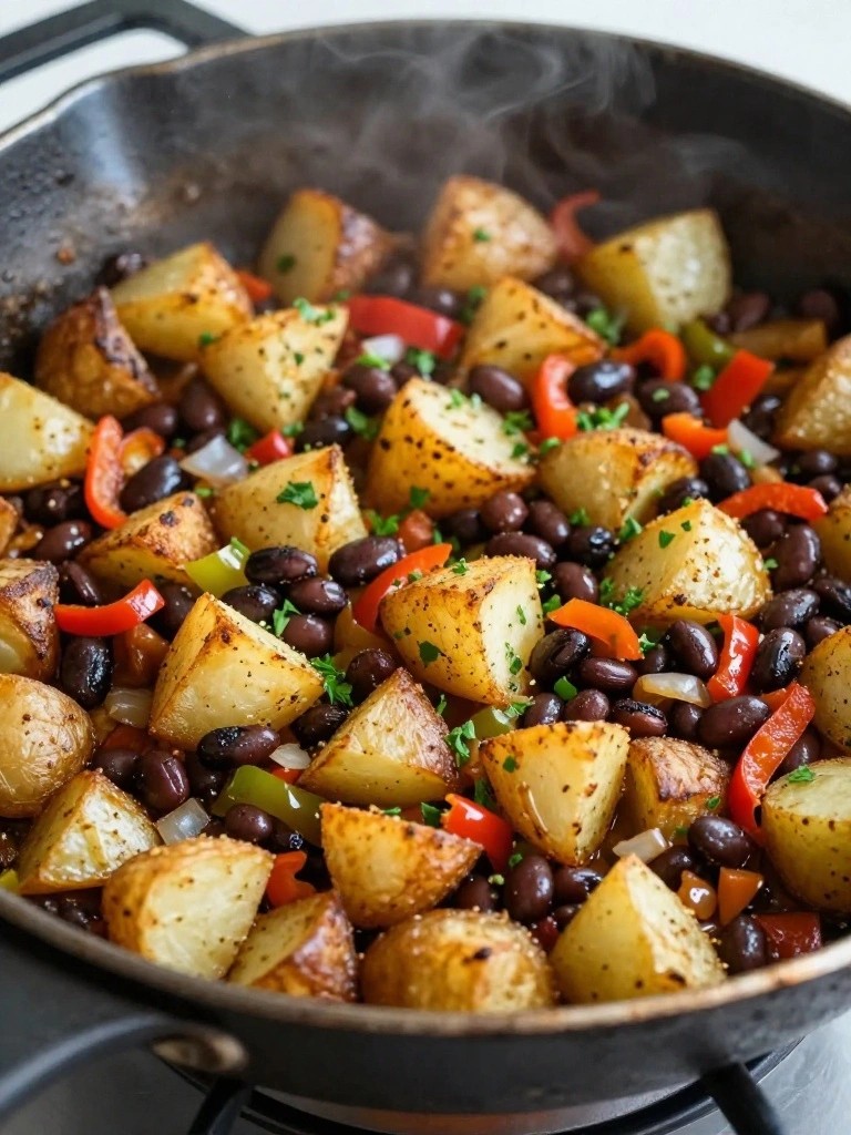 Crispy Skillet Potato and Black Bean Hash with Peppers