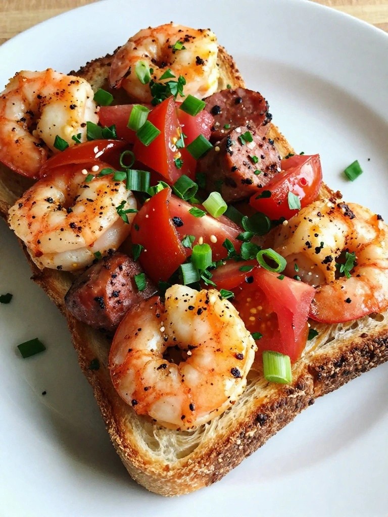 Cajun Shrimp and Andouille Toast with Creole-Spiced Tomatoes