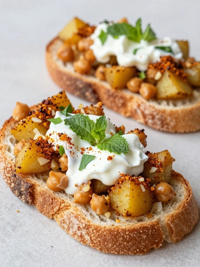 Indian Spiced Chickpea and Potato Toast with Mint Yogurt