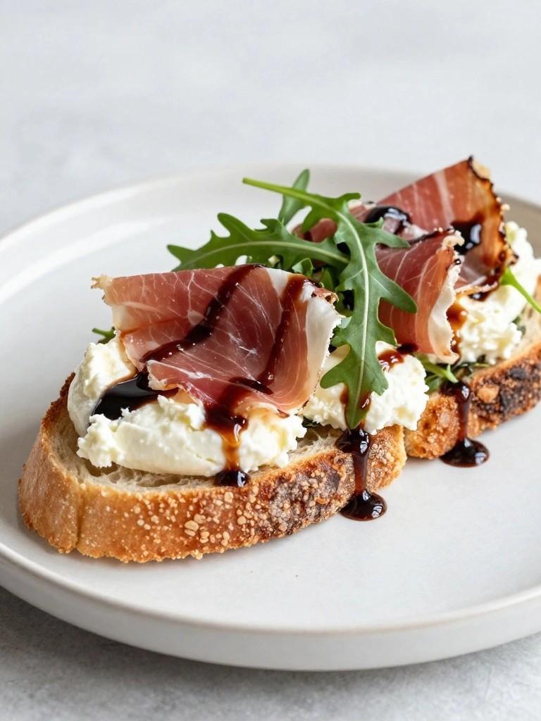 Italian Prosciutto Arugula Toast with Burrata and Balsamic Reduction
