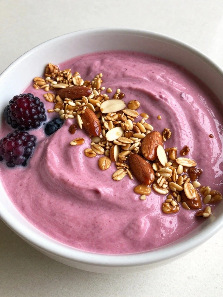Berry Plant-Based Yogurt and Silken Tofu Smoothie Bowl with Almond Granola