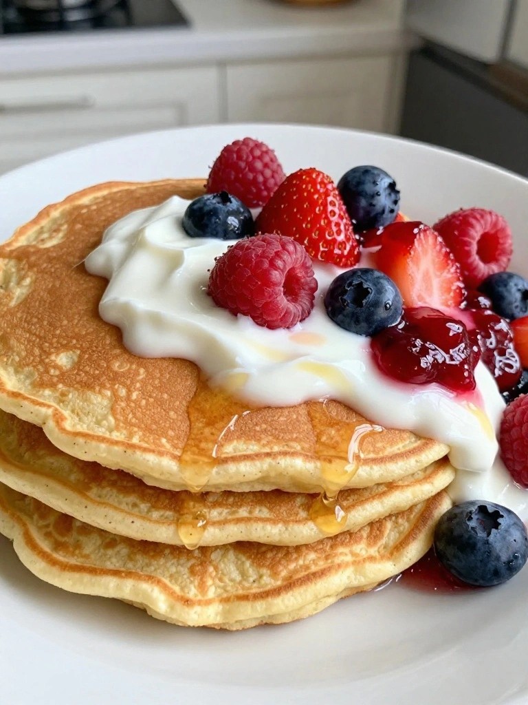 Fluffy Tofu Chickpea Pancakes Served with Maple Yogurt and Fruit Compote