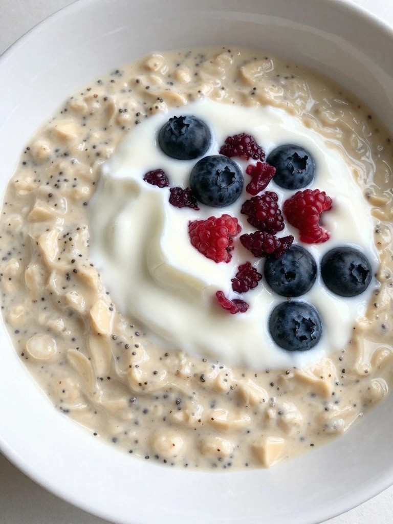 High-Protein Overnight Oats Blended with Tofu and Topped with Plant-Based Yogurt