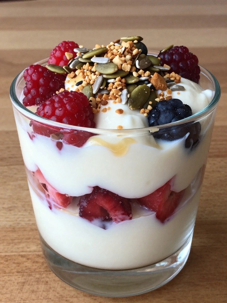 Layered Tofu Yogurt Parfait with Toasted Seeds and Fresh Berries