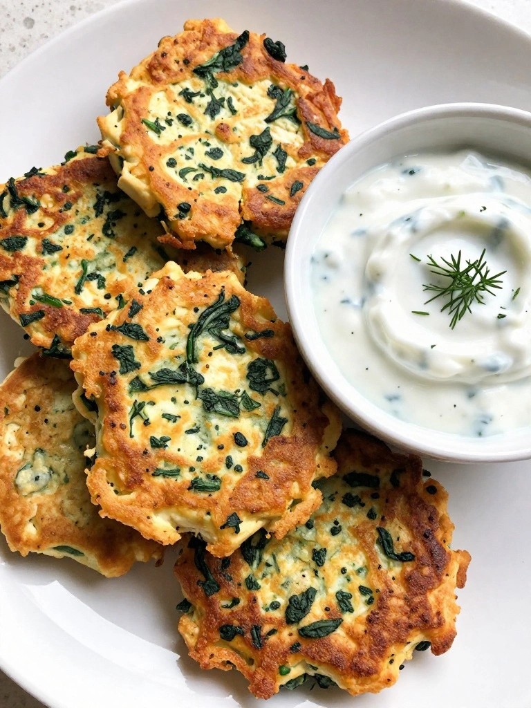 Mediterranean Tofu and Spinach Fritters with Creamy Herb Yogurt Dip