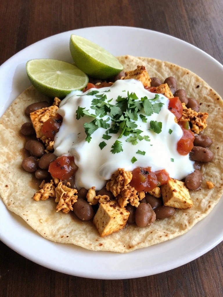 Mexican Tofu Huevos Rancheros with Refried Beans and Cilantro Yogurt