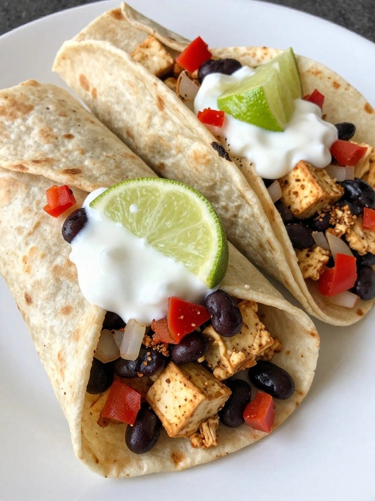 Savory Tofu and Black Bean Breakfast Burritos with Lime Yogurt Crema