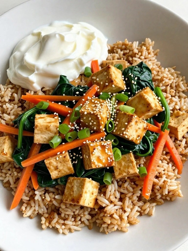 Sesame-Ginger Tofu Stir-Fry Breakfast Plate Over Brown Rice with Yogurt