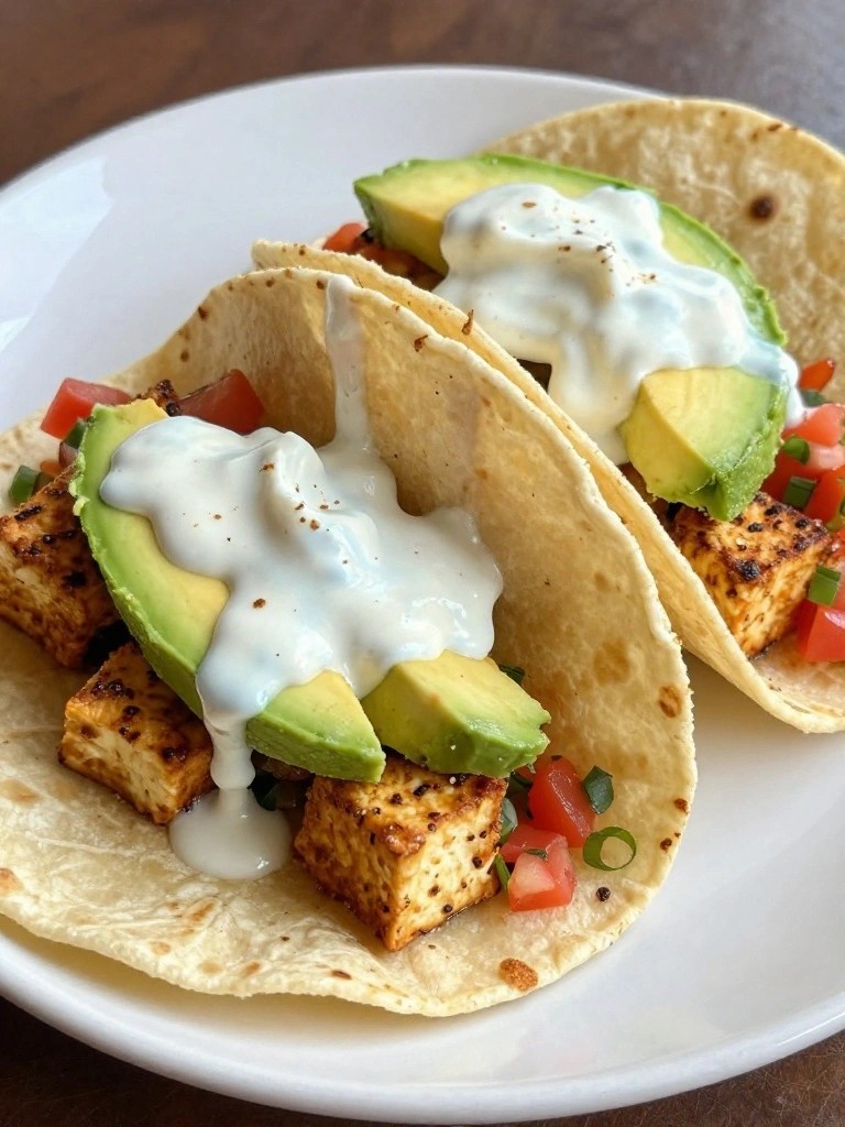 Tofu Breakfast Tacos with Avocado, Salsa, and Spiced Yogurt Sauce