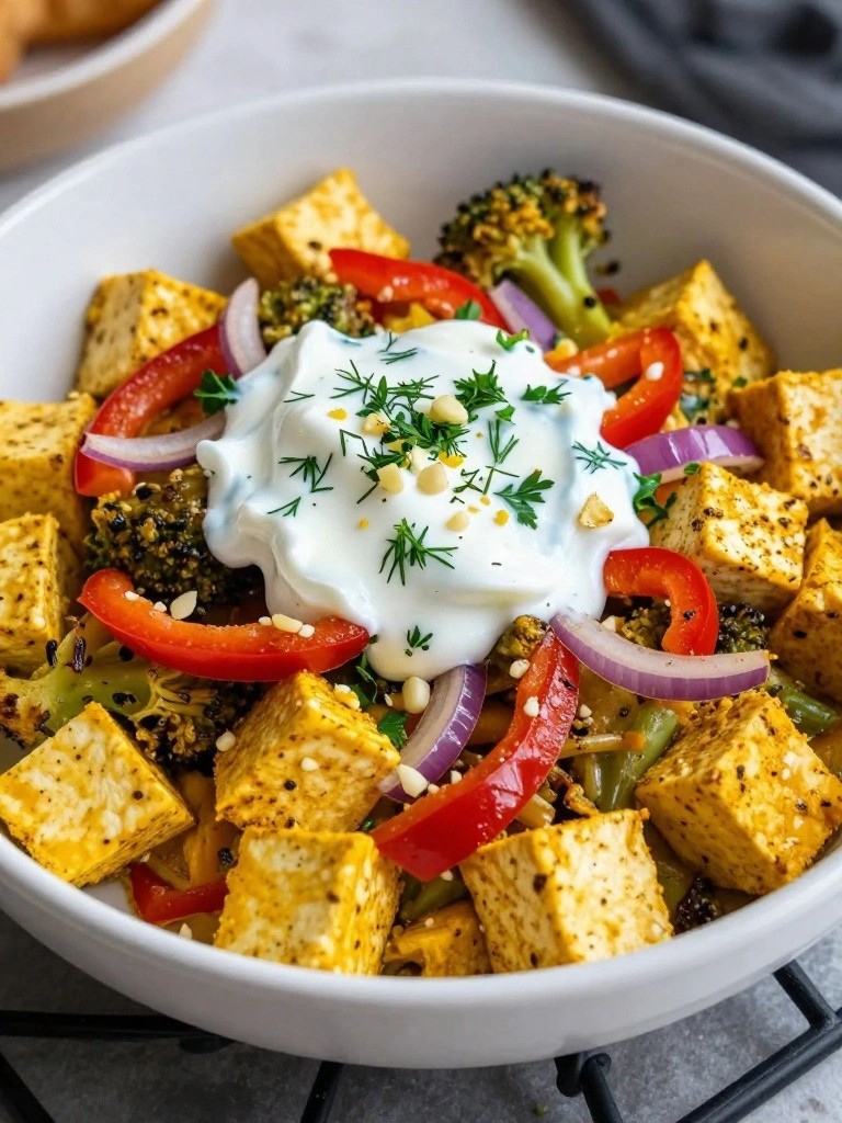 Tofu Scramble Breakfast Bowl with Roasted Vegetables and Herbed Yogurt Sauce