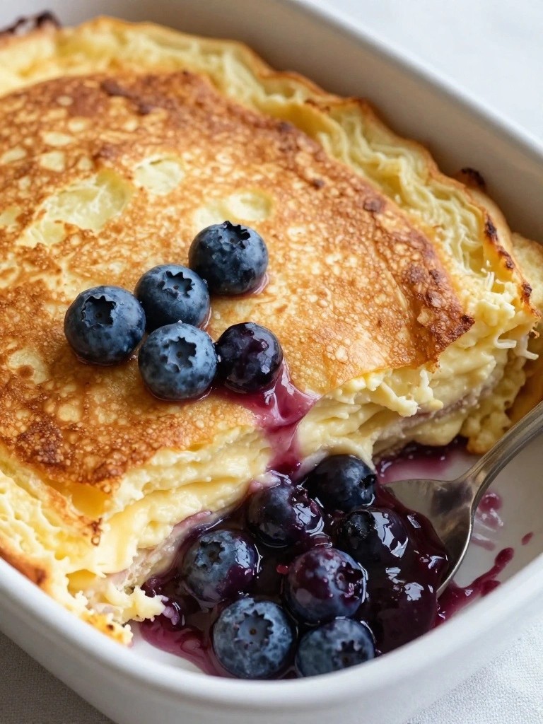Lemon Ricotta Pancake Casserole with Blueberry Compote